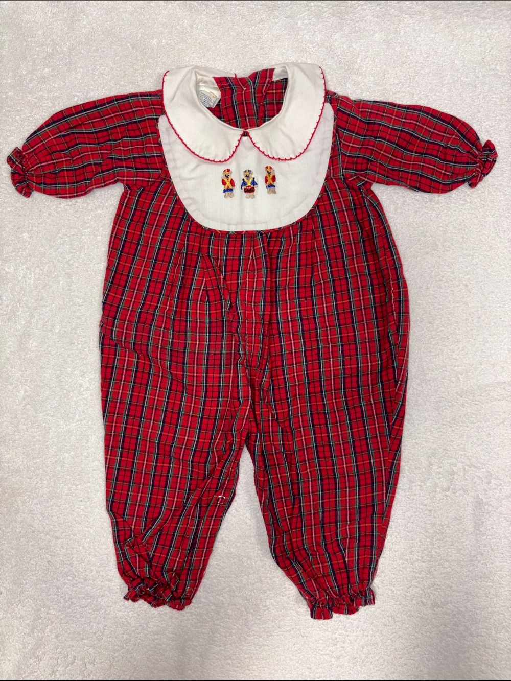 Vintage Good Lad Red Plaid holiday romper Peter Pan collar button on bib 6/9m